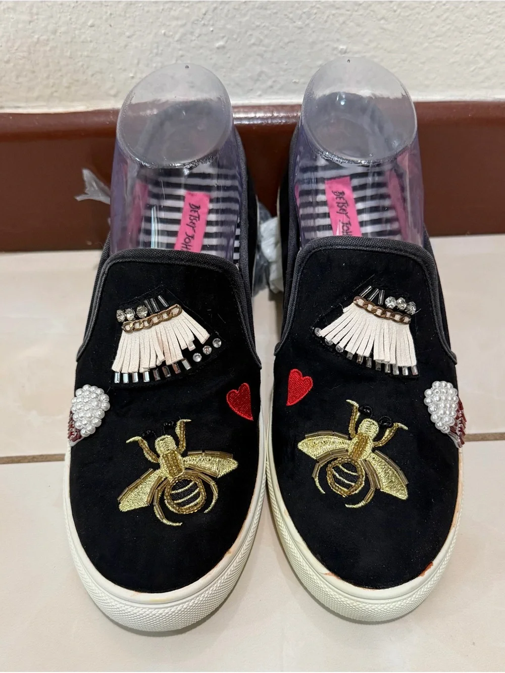Betsey Johnson Black Slip-On Sneakers with Gold Bee Embroidery & Red Heart
